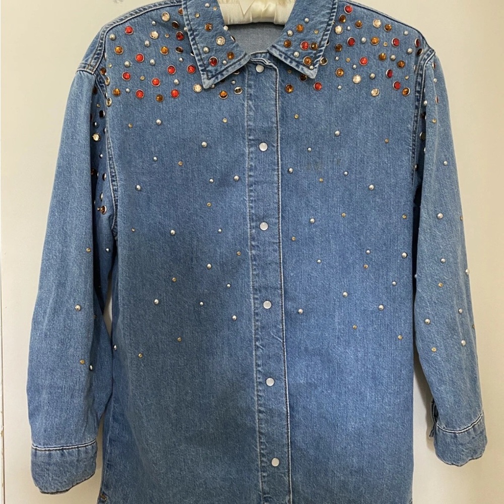 Sandro Blue Jean Jacket Shirt with Rhinestone Embellishments